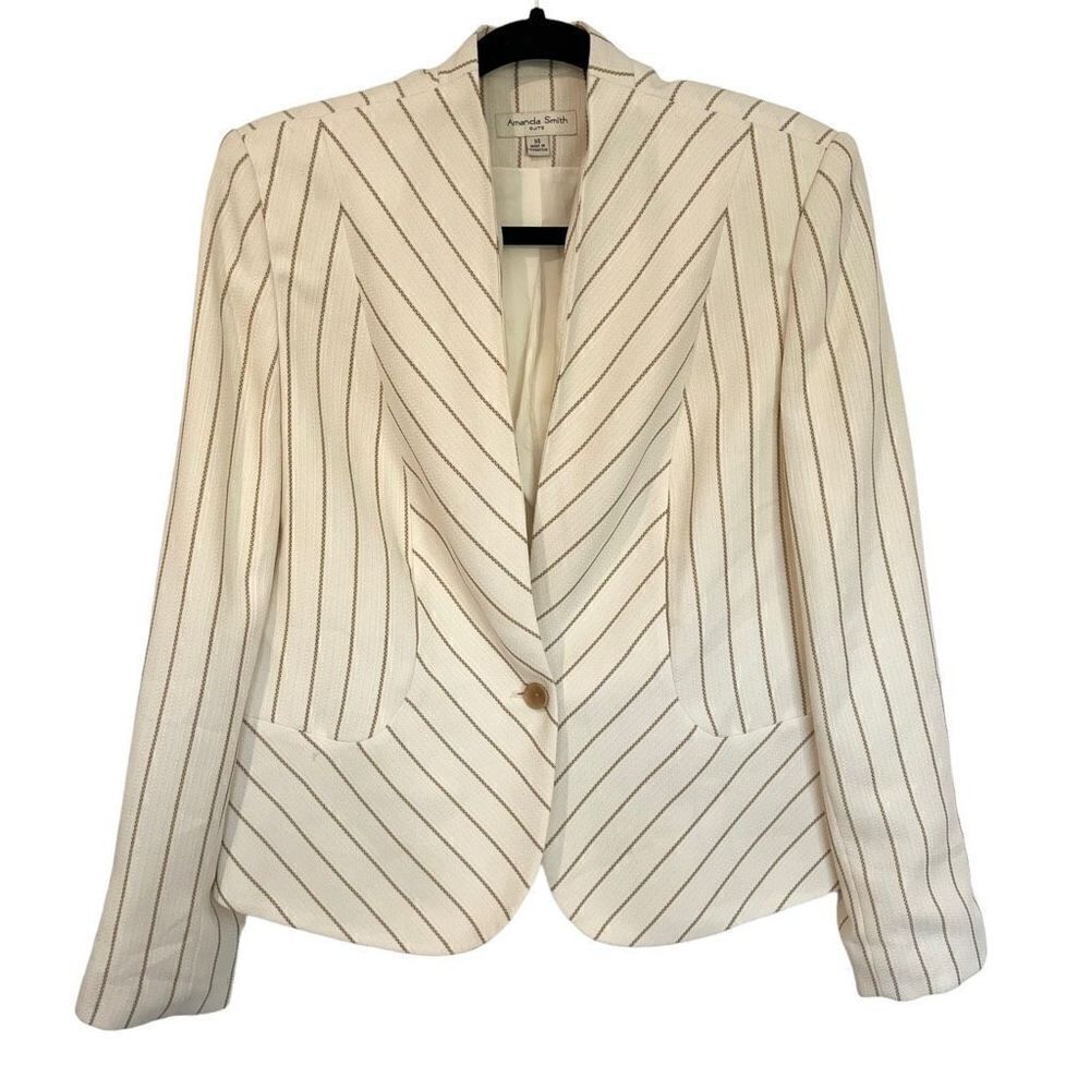 Amanda Smith Women's Cream Geometric Striped Suit Jacket Single Breasted Size 14